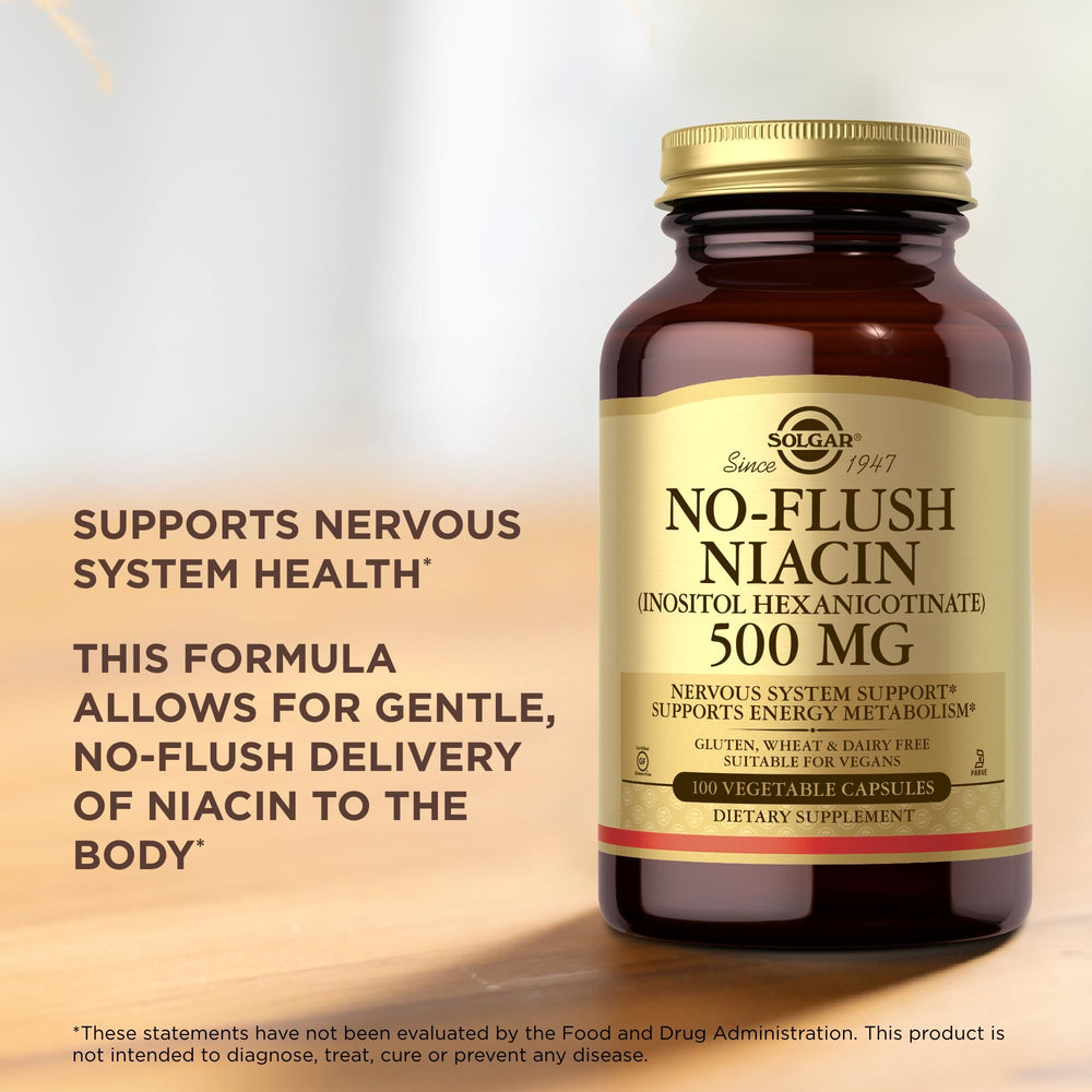 Solgar No-Flush Niacin 500mg nutrition facts panel for dose details.