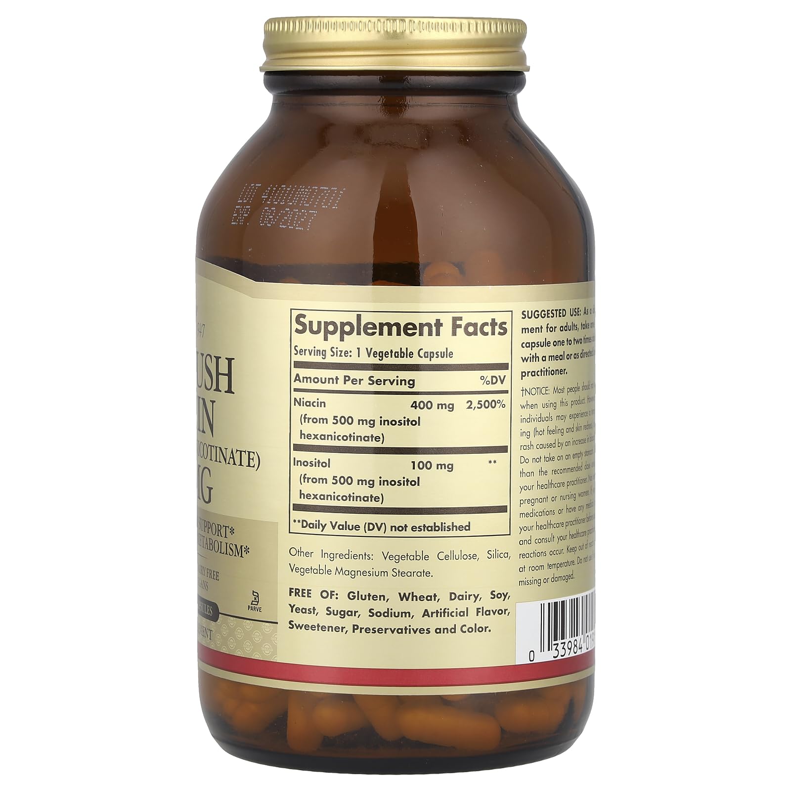 Solgar No-Flush Niacin bottle on kitchen counter for daily use.