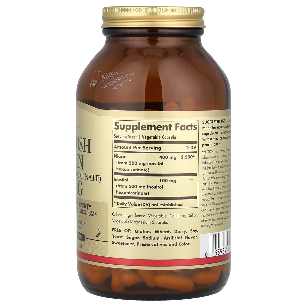 Solgar No-Flush Niacin bottle on kitchen counter for daily use.