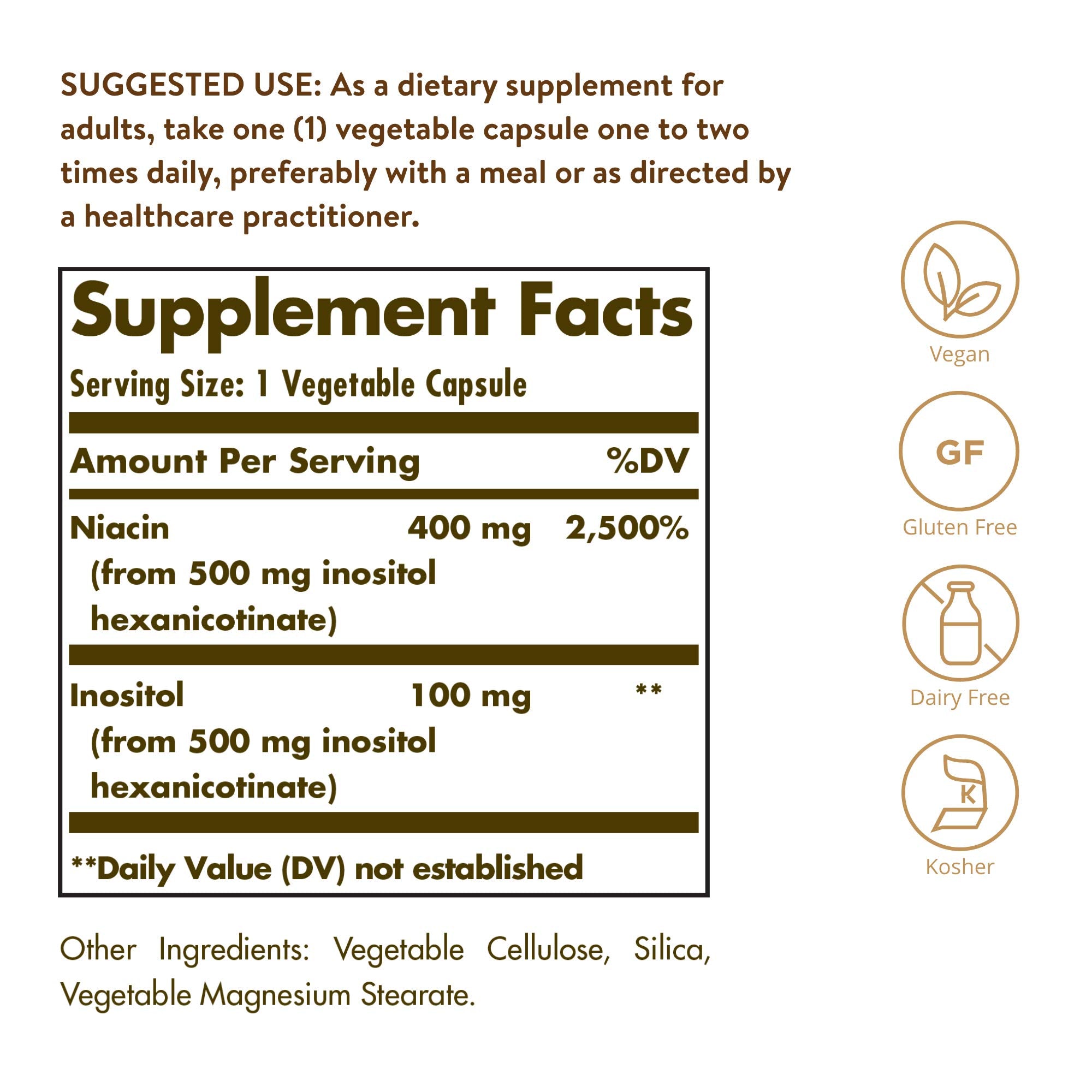 Solgar No-Flush Niacin capsules closeup showing 500 mg per serving.