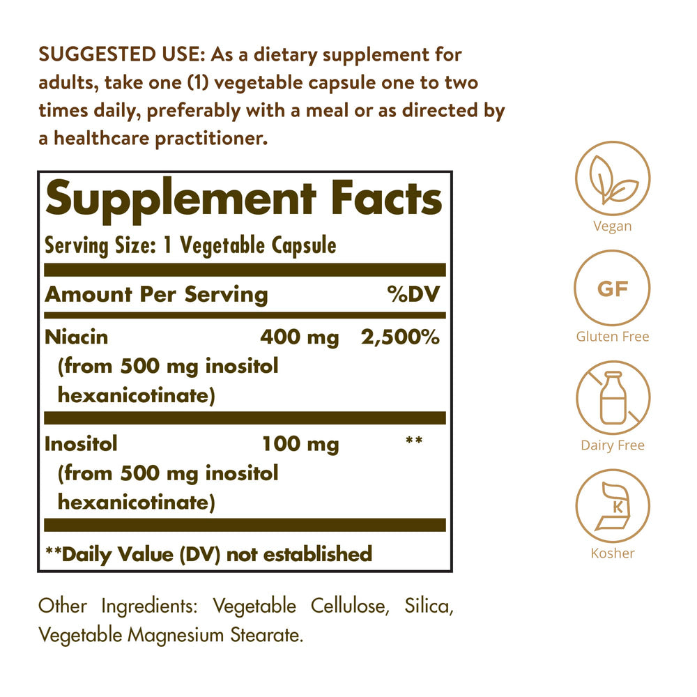 Solgar No-Flush Niacin capsules closeup showing 500 mg per serving.