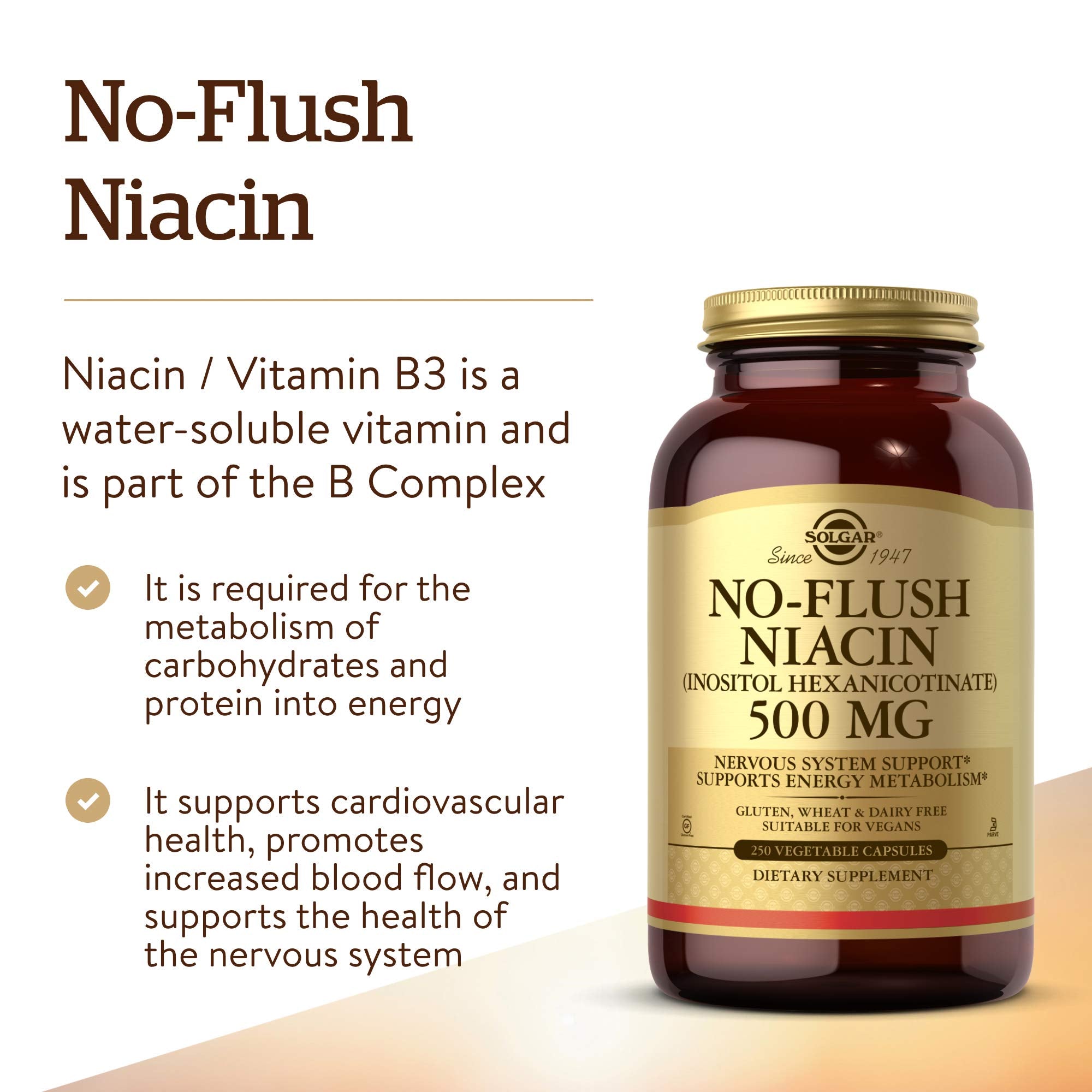 Solgar No-Flush Niacin label detail with vegan and allergen-free notes.