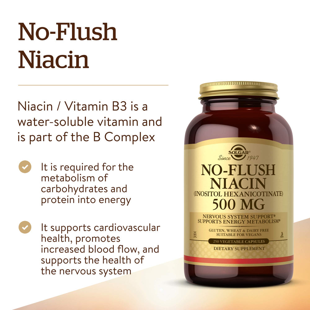 Solgar No-Flush Niacin label detail with vegan and allergen-free notes.