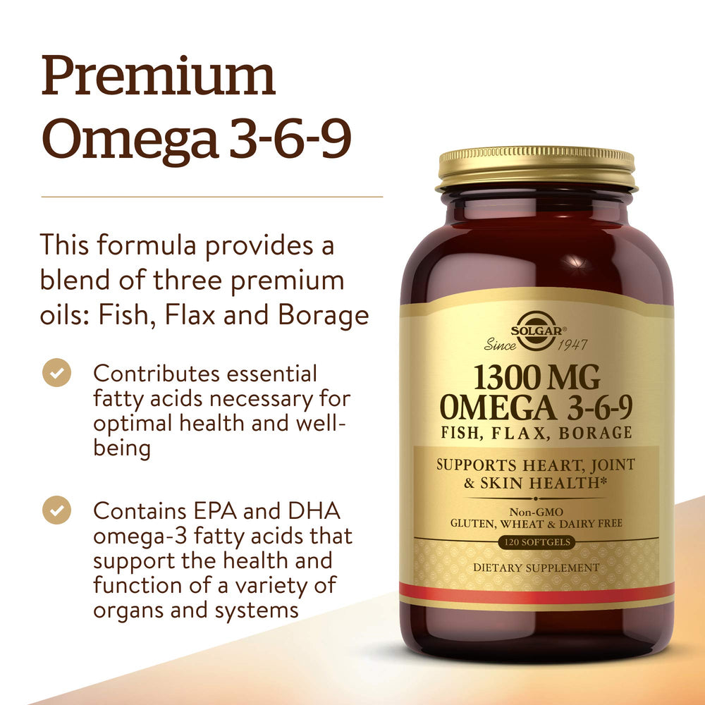 Solgar Omega-3-6-9 bottle label closeup highlighting purity and safety