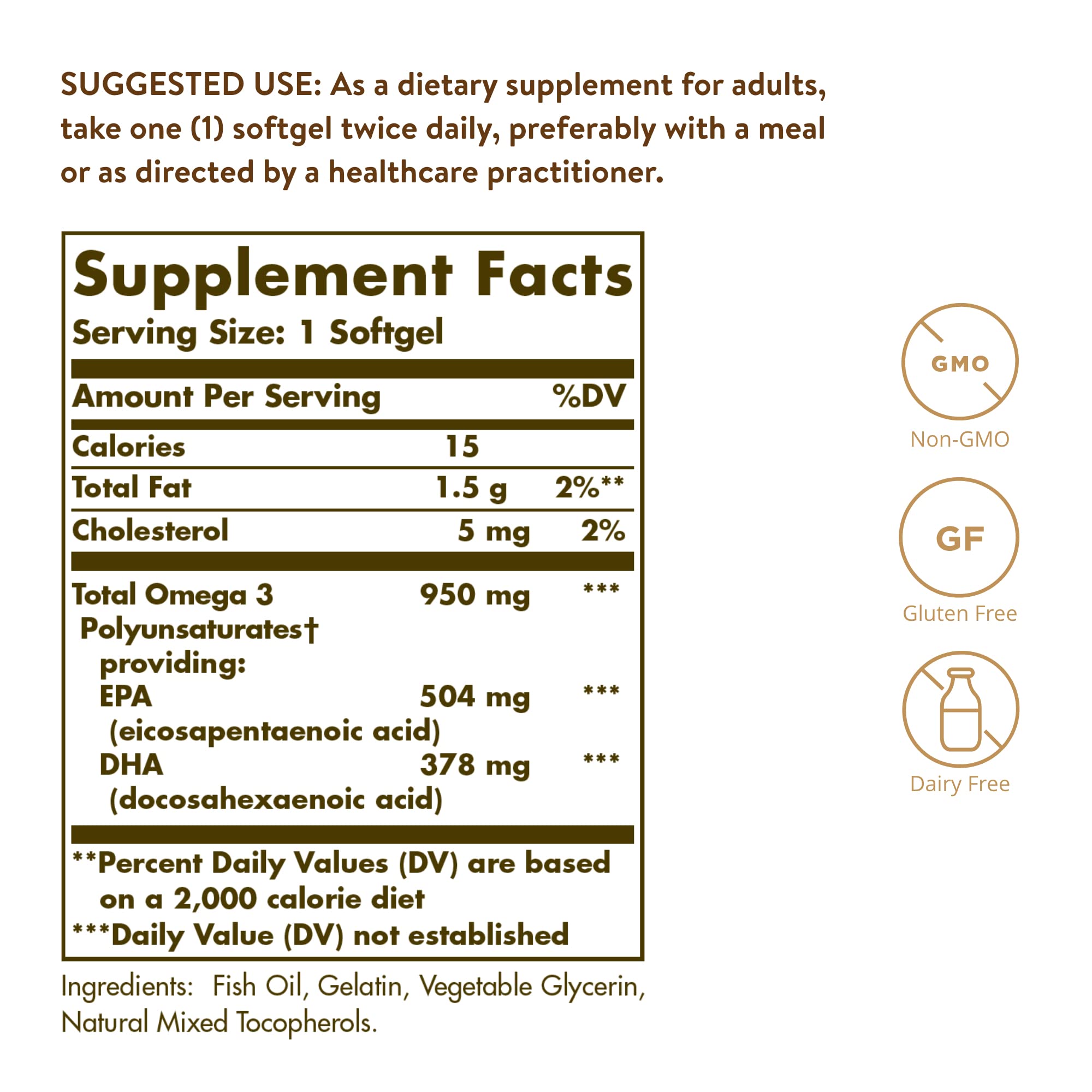 Solgar Omega-3 950 mg softgel bottle label highlights molecular distillation for purity.