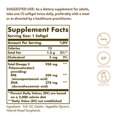 Solgar Omega-3 950 mg softgel bottle label highlights molecular distillation for purity.