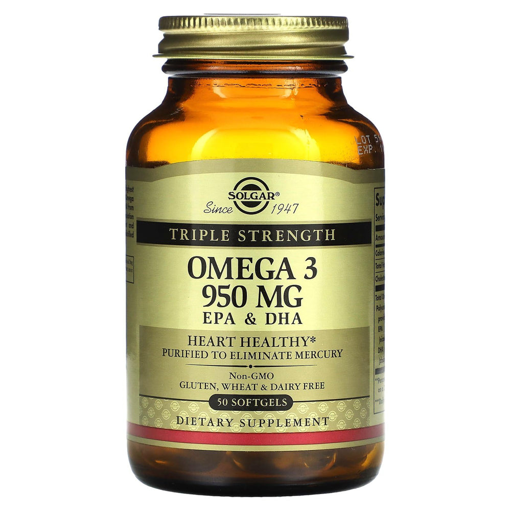 Solgar Omega-3 950 mg softgel bottle with pouring capsules for daily use.