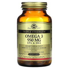 Solgar Omega-3 950 mg softgel bottle with pouring capsules for daily use.