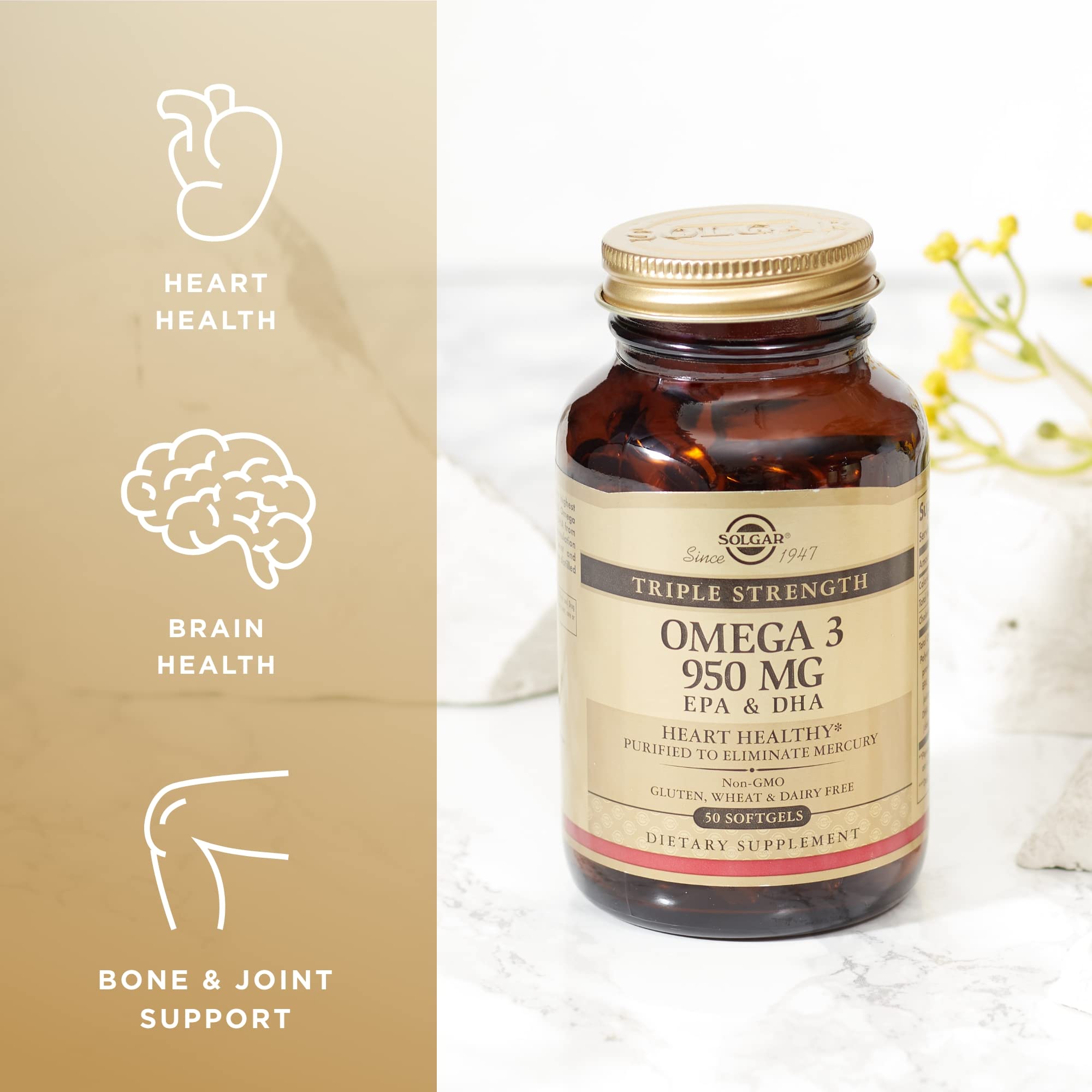 Solgar Omega-3 950 mg softgel ingredients panel emphasizes EPA and DHA.