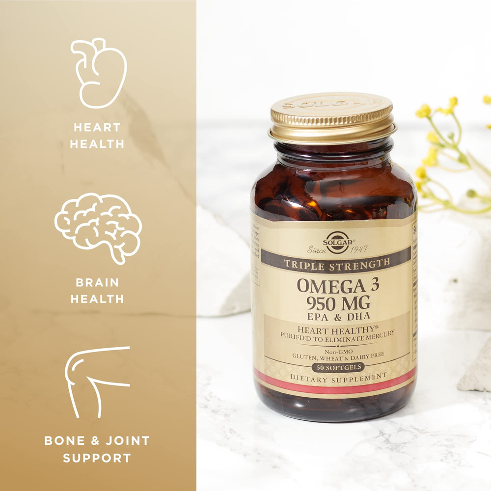 Solgar Omega-3 950 mg softgel ingredients panel emphasizes EPA and DHA.