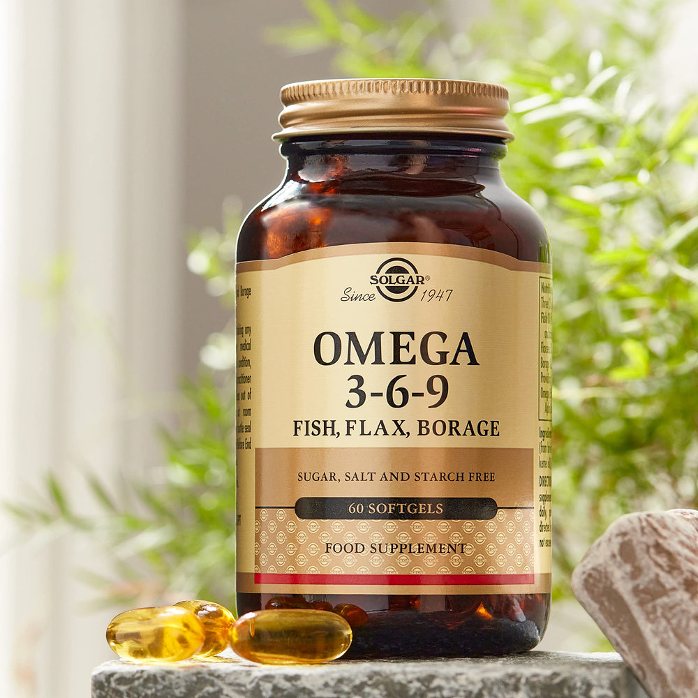 Solgar Omega 3-6-9 softgels label shows non-GMO and gluten-free.