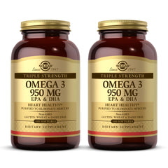 Solgar Omega-3 950 mg bottle front showing triple-strength formula for joint and skin support
