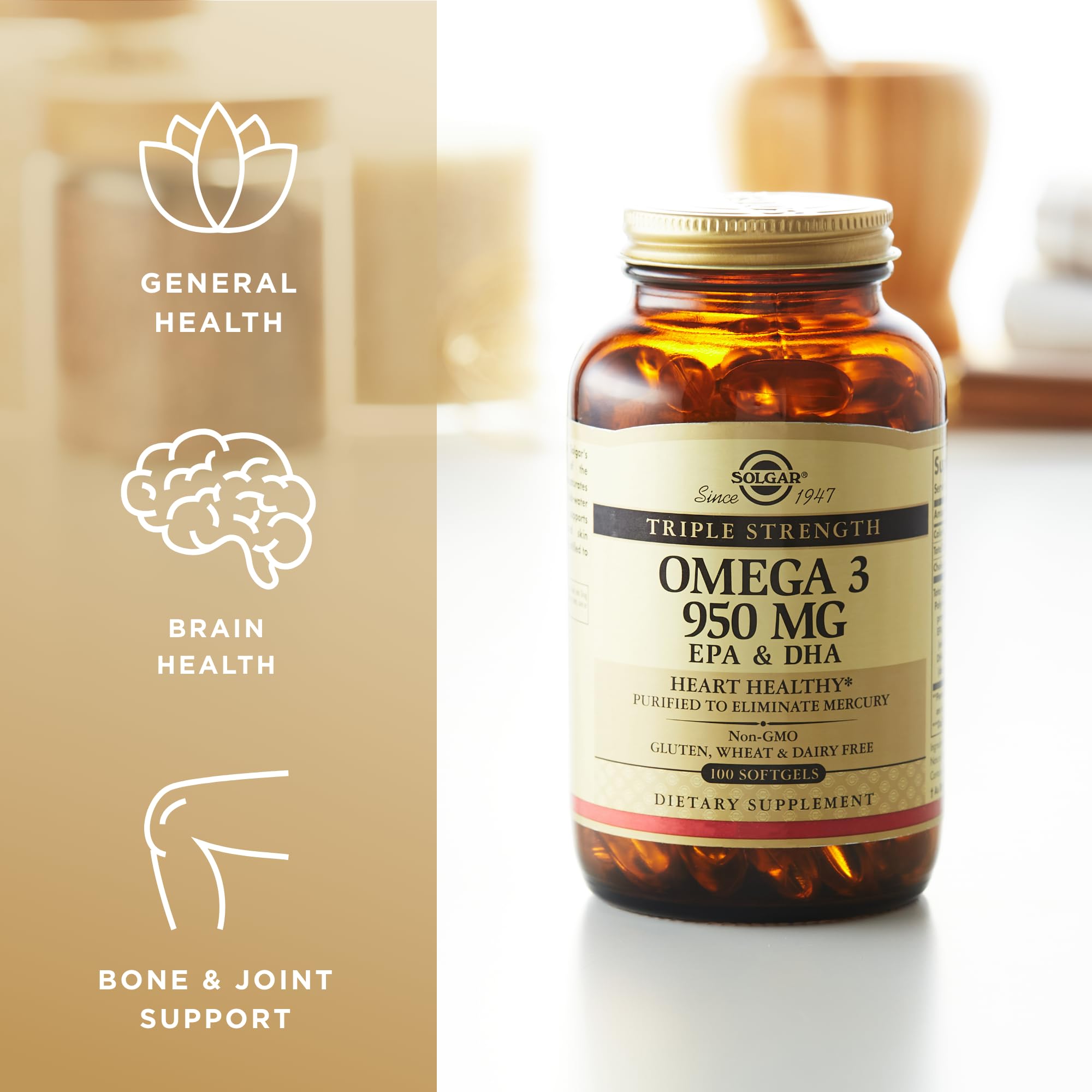 Solgar Omega-3 950 mg label highlighting non-GMO, gluten-free, and dairy-free qualities