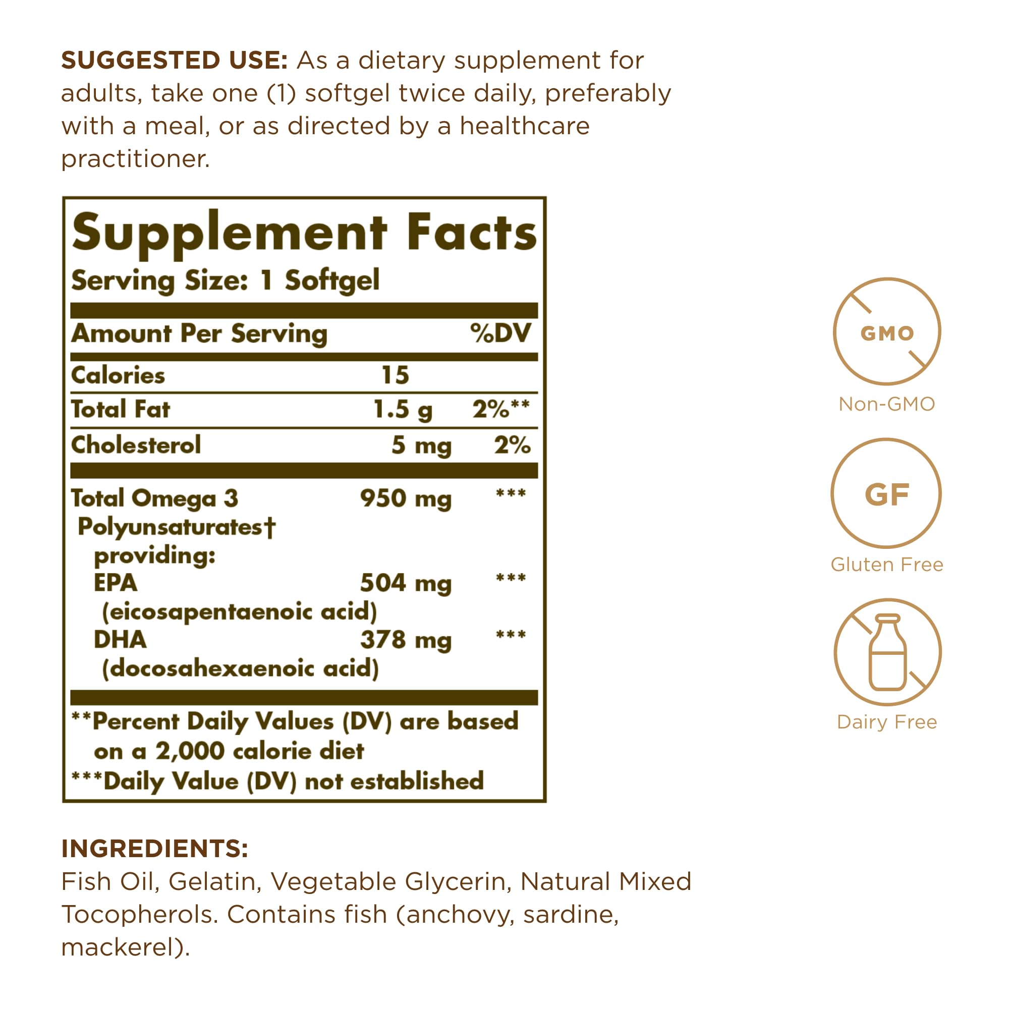 Solgar Omega-3 950 mg softgels close-up highlighting high-purity EPA and DHA