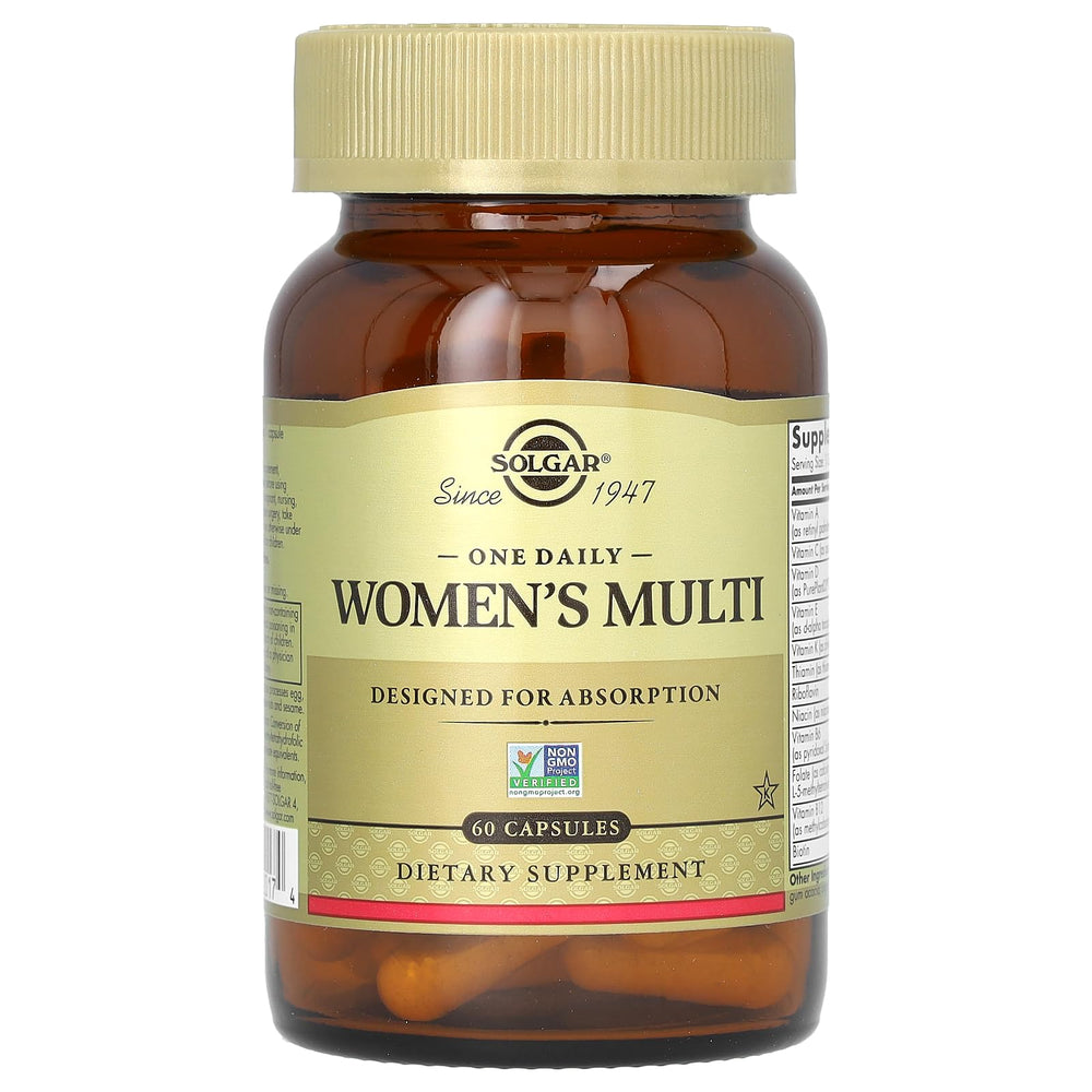 Solgar One Daily Women's Multi nutrition label emphasizes 18 vitamins and minerals per serving