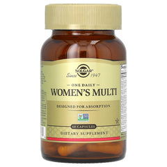 Solgar One Daily Women's Multi nutrition label emphasizes 18 vitamins and minerals per serving