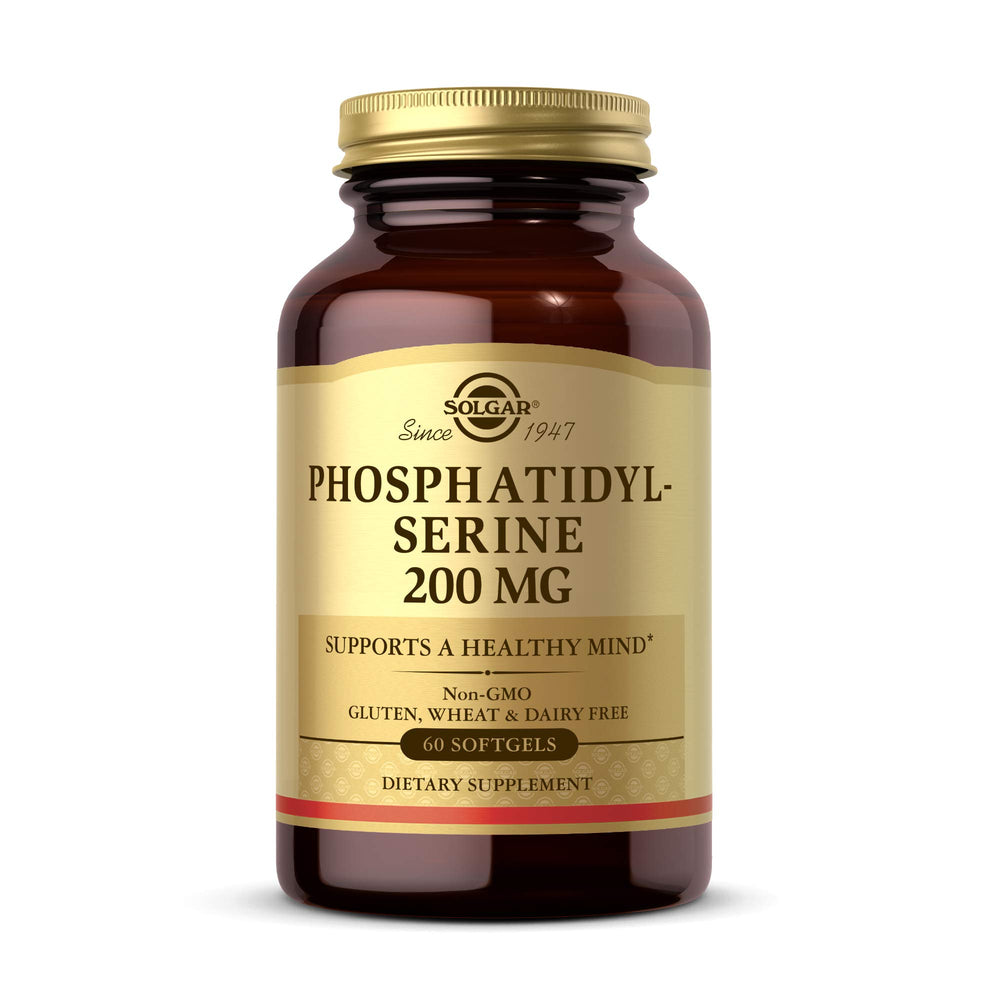 Solgar Phosphatidylserine 200 mg softgels in bottle for daily brain support.