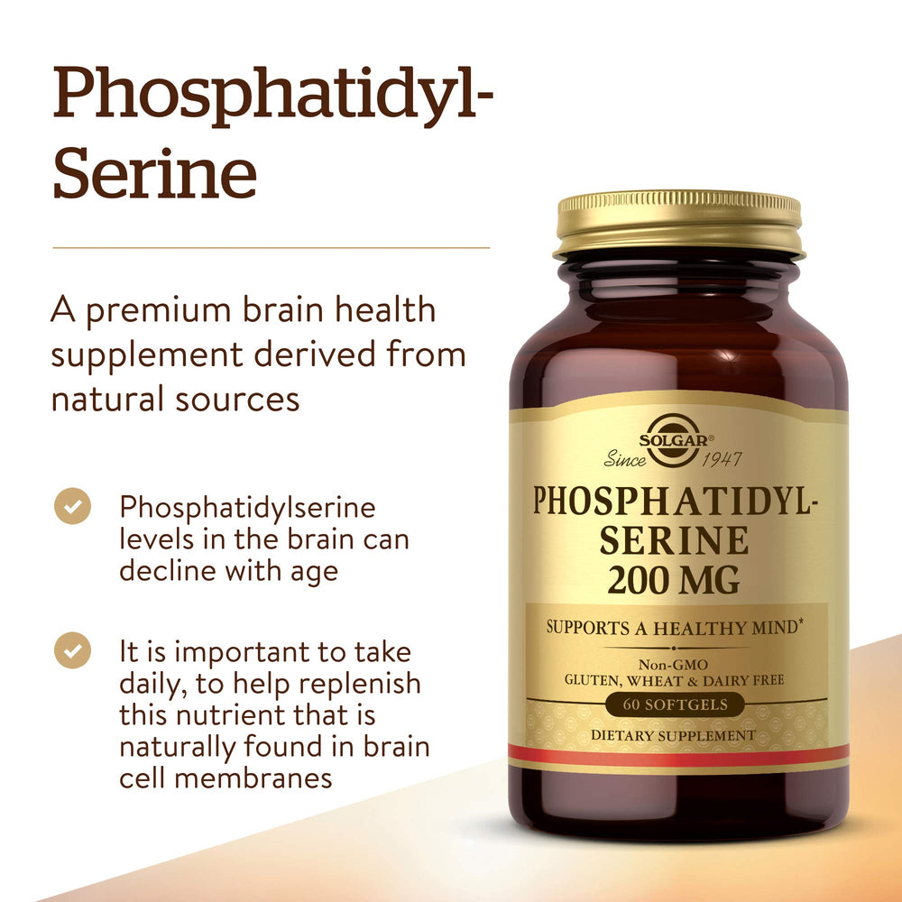 Solgar Phosphatidylserine 200 mg softgels label closeup emphasizes quality.
