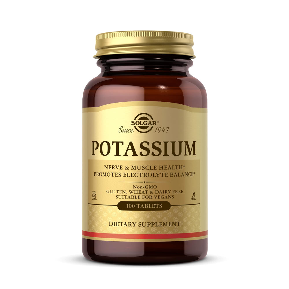 Solgar Potassium Gluconate bottle with tablets for daily electrolyte support.