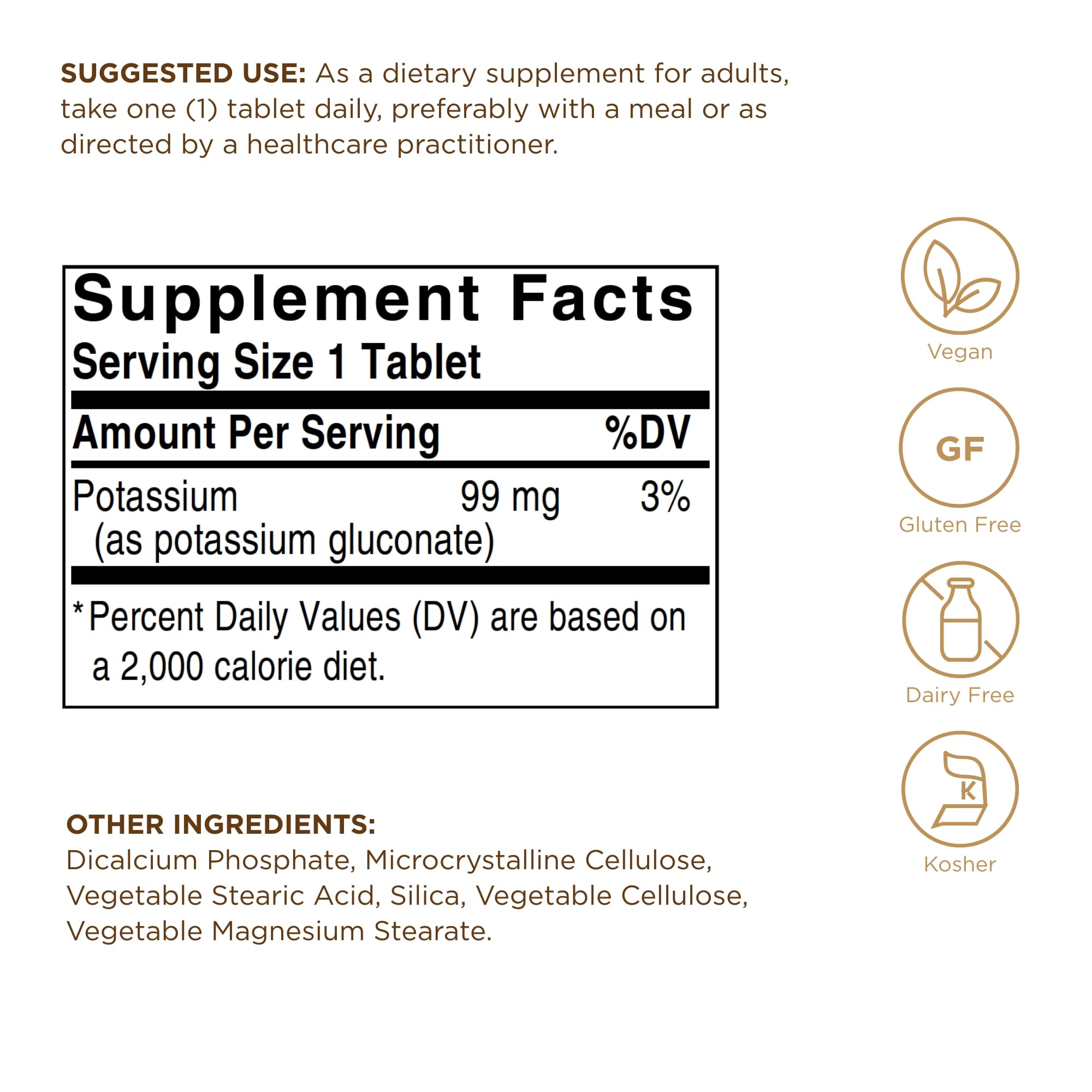 Solgar Potassium Gluconate label close-up with dosage details for informed daily use.