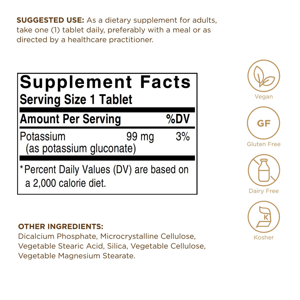 Solgar Potassium Gluconate label close-up with dosage details for informed daily use.