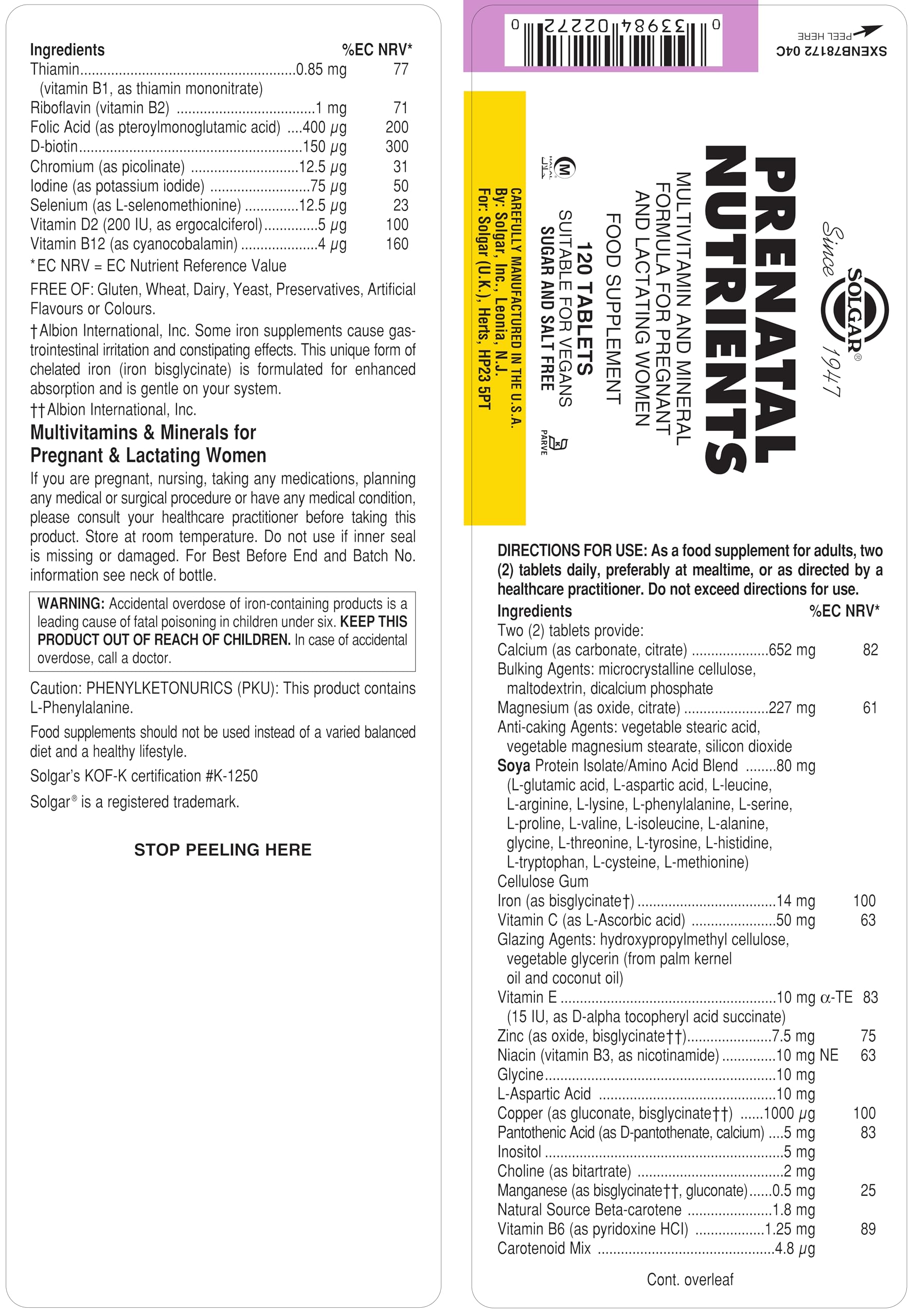 Solgar Prenatal Nutrients 120 Tabs bottle top shows convenient dosage reminder.