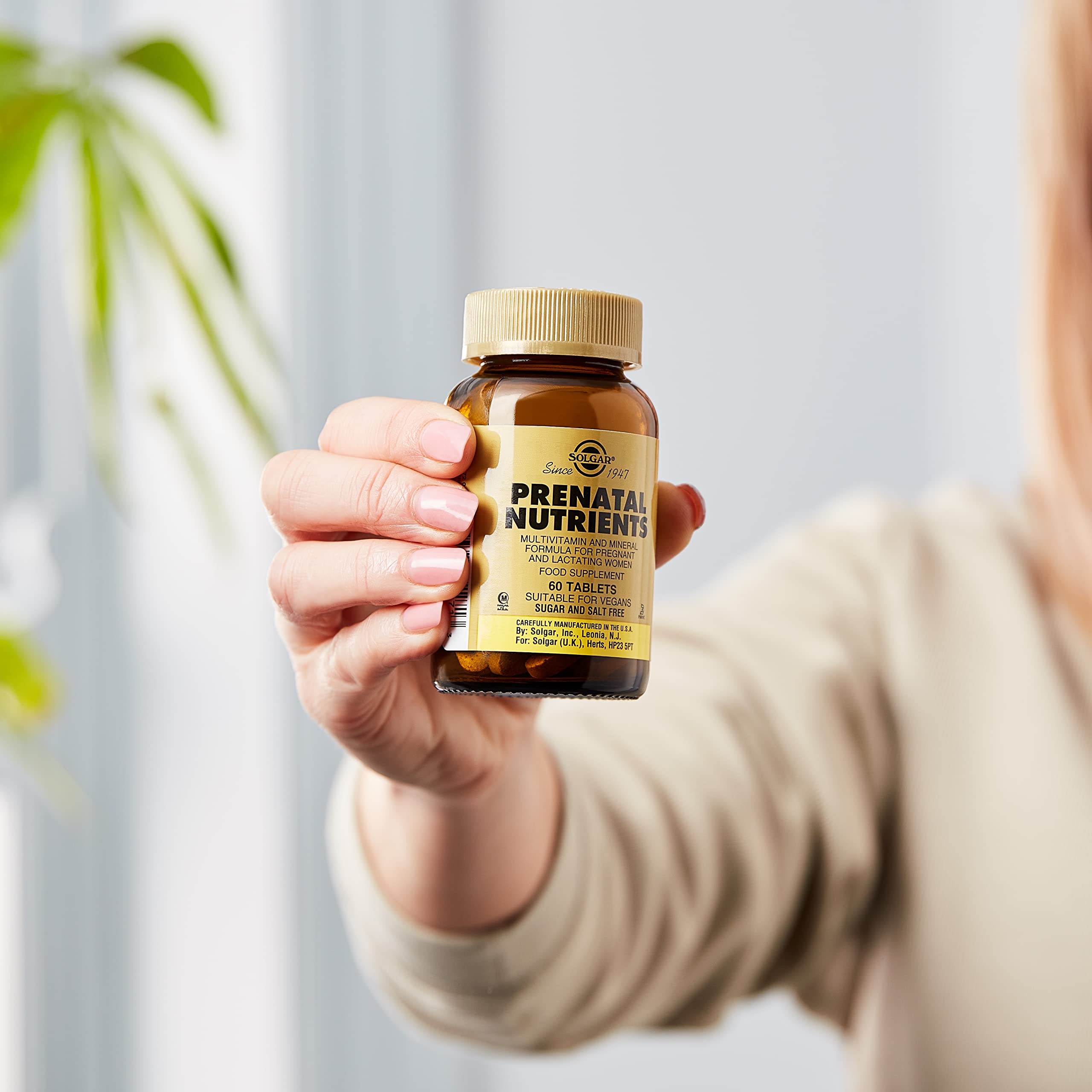 Solgar Prenatal Nutrients 120 Tabs in-use scene suggests daily supplement routine.