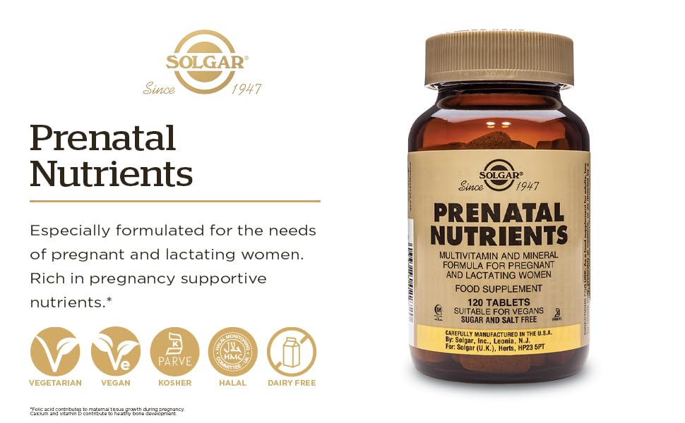 Solgar Prenatal Nutrients 120 Tabs tablets close-up highlights small easy-to-swallow shape.