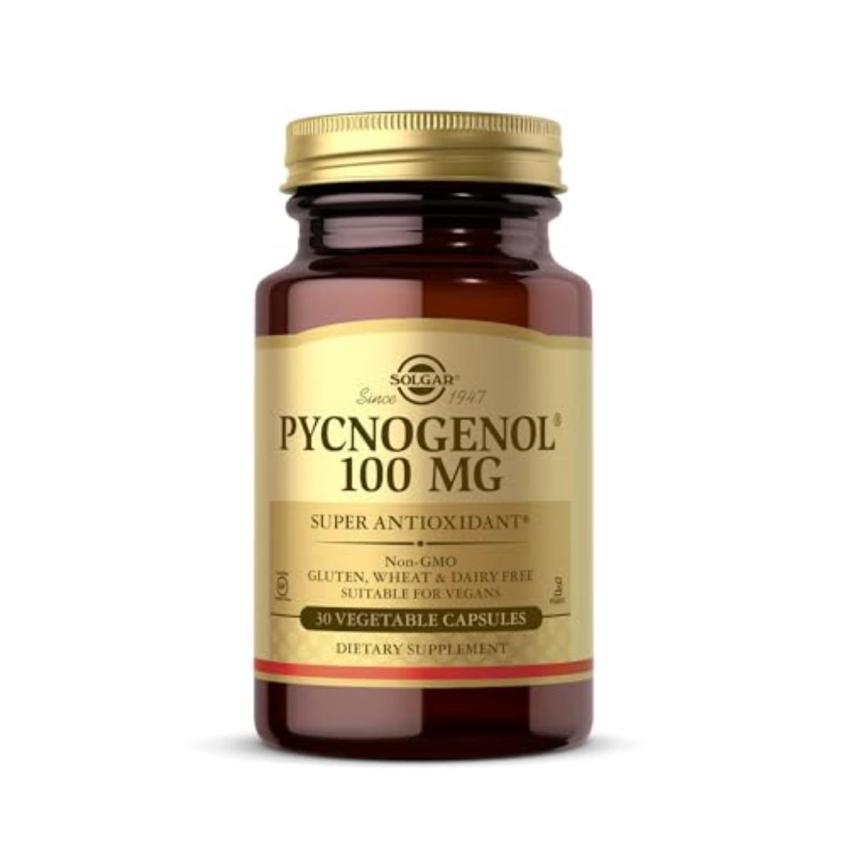 Solgar Pycnogenol 100 mg bottle close-up showing natural antioxidant support