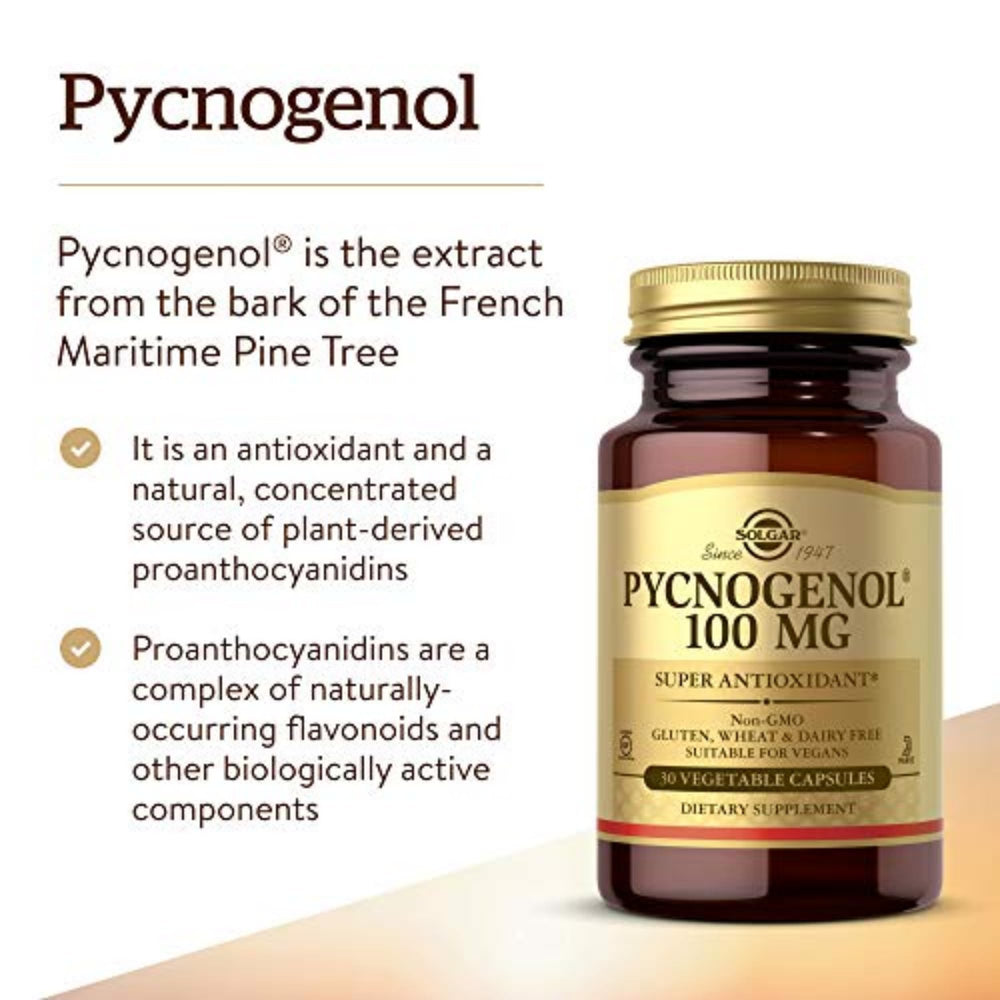 Solgar Pycnogenol 100 mg capsules for leg and vein support in daily wellness