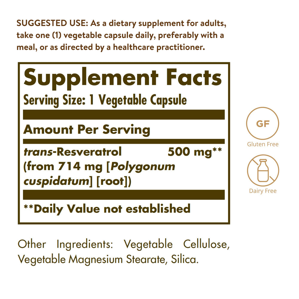 Solgar Resveratrol capsules side view for daily antioxidant intake.