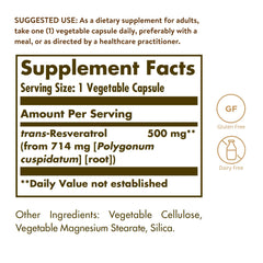 Solgar Resveratrol capsules side view for daily antioxidant intake.