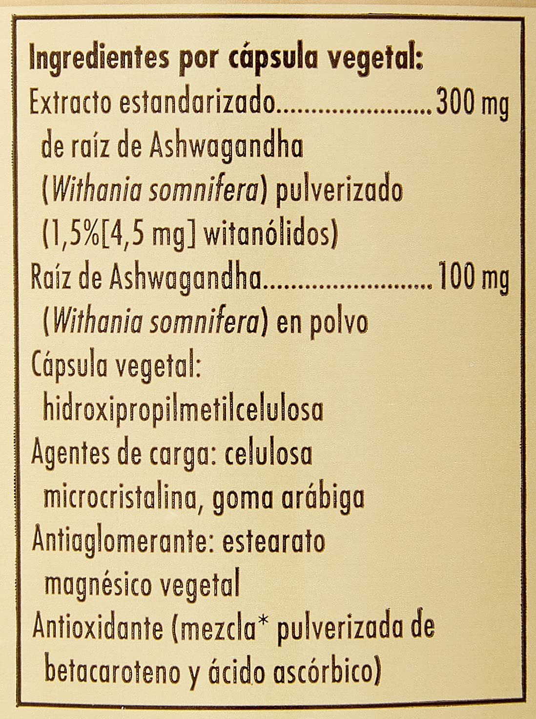 Solgar SFP Ashwagandha bottle nutrition panel for everyday vitality support
