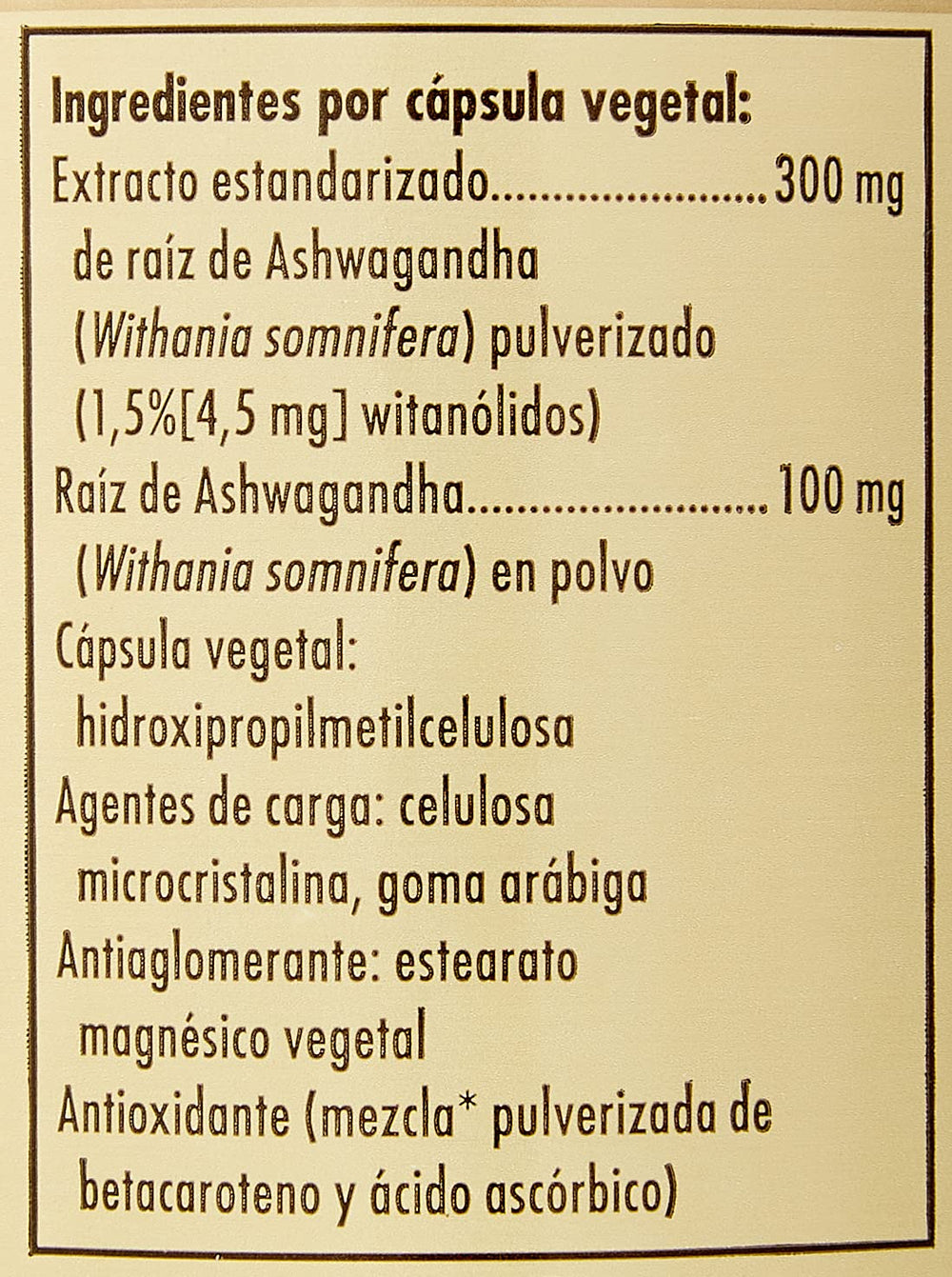 Solgar SFP Ashwagandha bottle nutrition panel for everyday vitality support