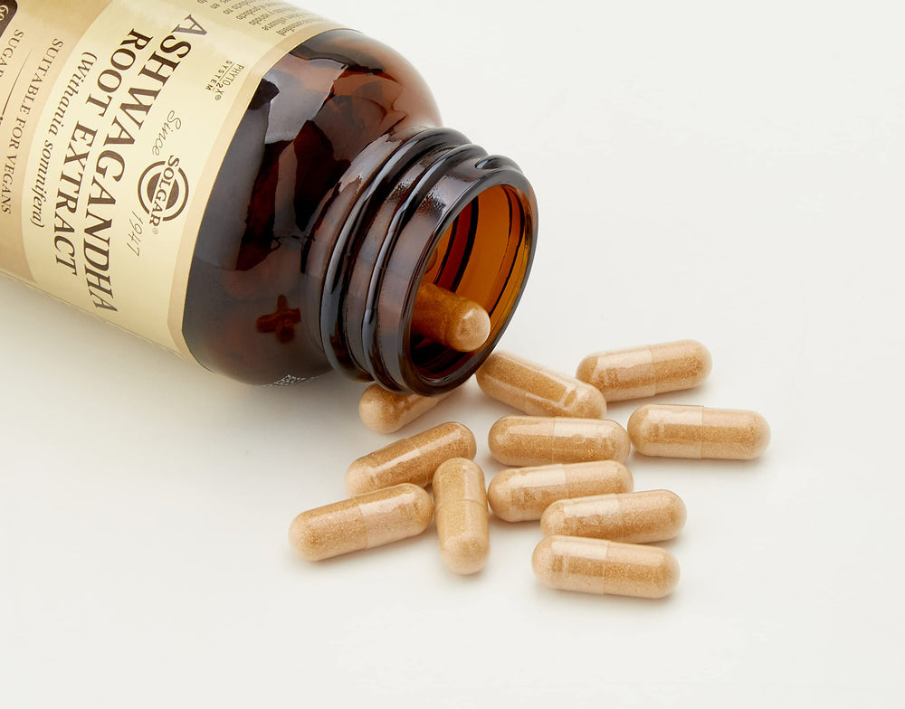 Solgar SFP Ashwagandha capsules close-up highlighting vegetarian formula