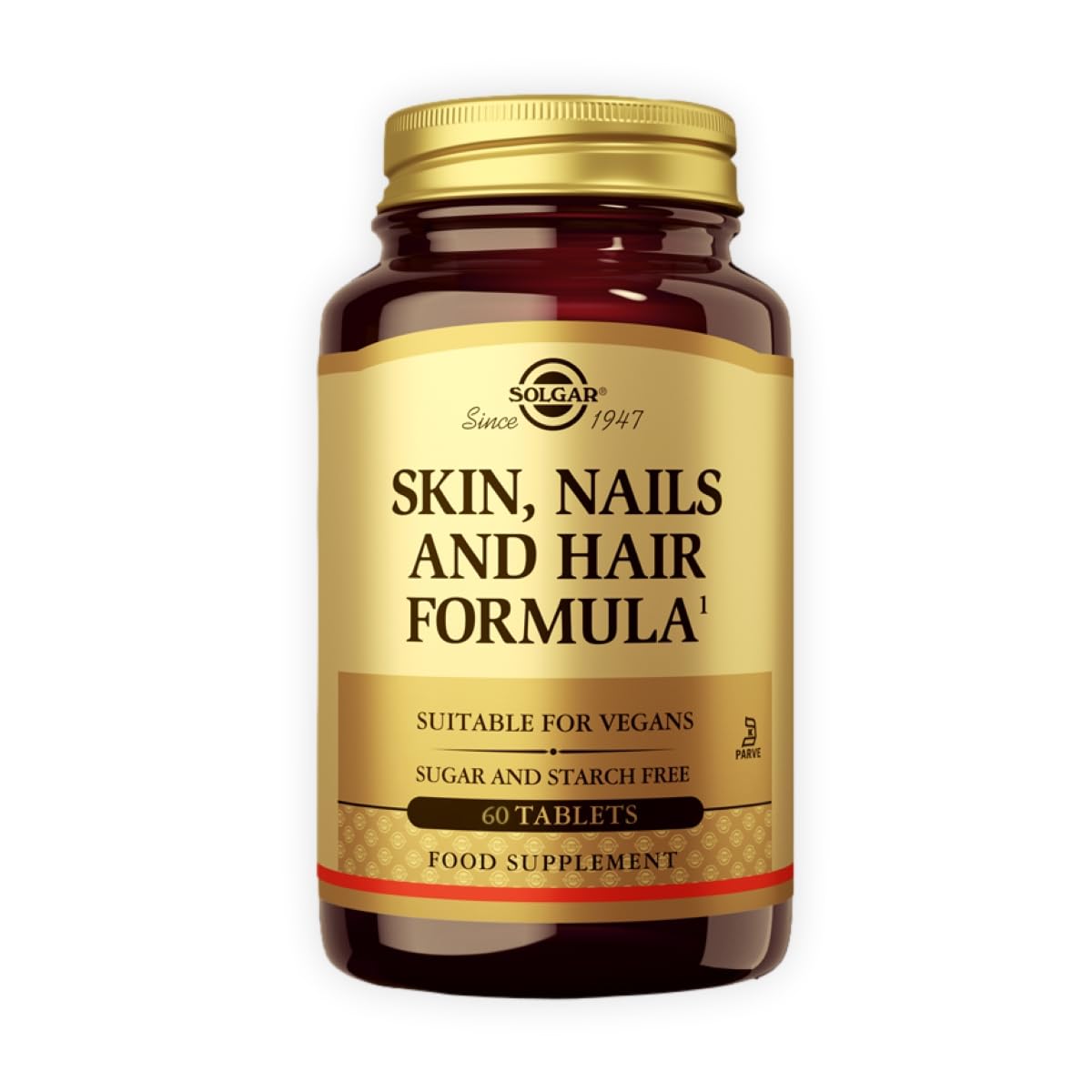 Solgar Skin, Nails & Hair tablets bottle showing full daily formula for beauty support