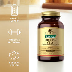 Solgar Tonalin CLA bottle with ingredients panel featuring safflower-derived CLA.