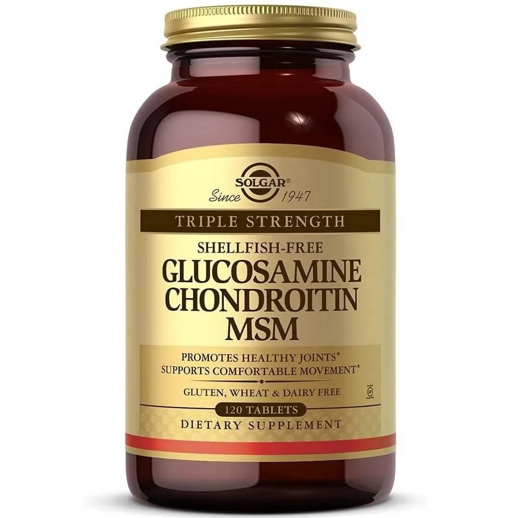 Solgar triple strength glucosamine chondroitin MSM bottle highlighting joint support