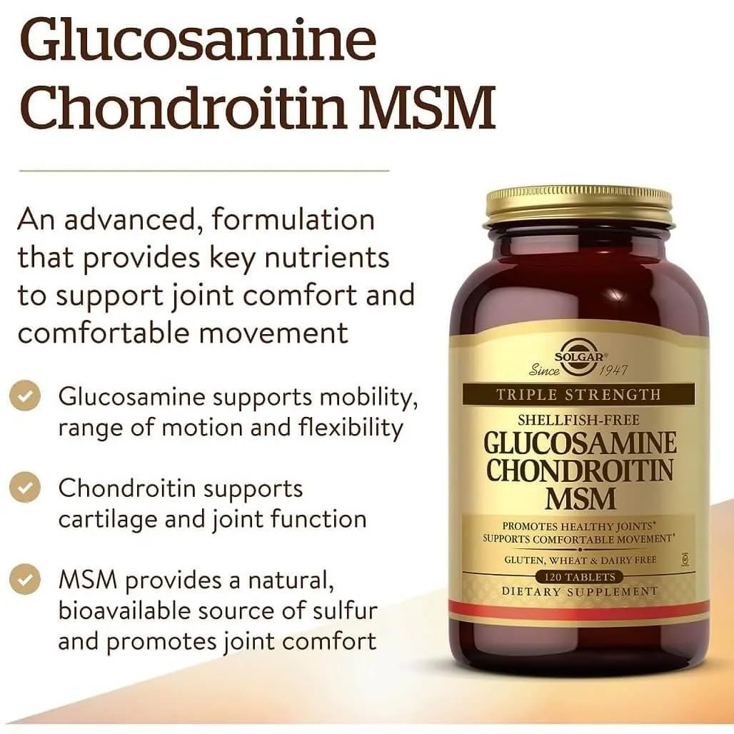 Solgar glucosamine chondroitin MSM tablets close-up showing mobility potential