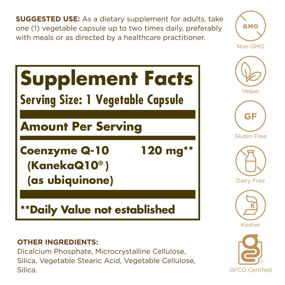Solgar Vegan CoQ-10 120 mg capsules-closeup showing two-piece vegetarian capsules