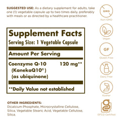 Solgar Vegan CoQ-10 120 mg capsules-closeup showing two-piece vegetarian capsules