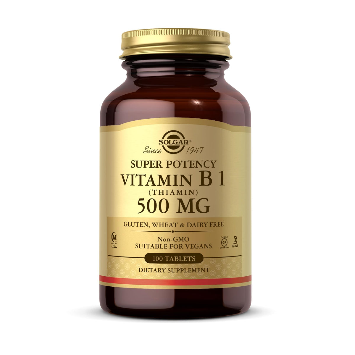 Solgar Vitamin B1 bottle front view supporting energy metabolism for busy days.