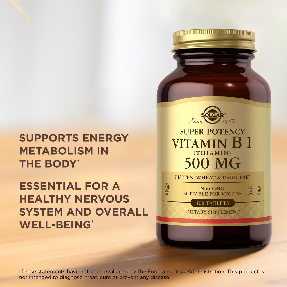 Solgar Vitamin B1 bottle on a morning kitchen counter during daily routine.