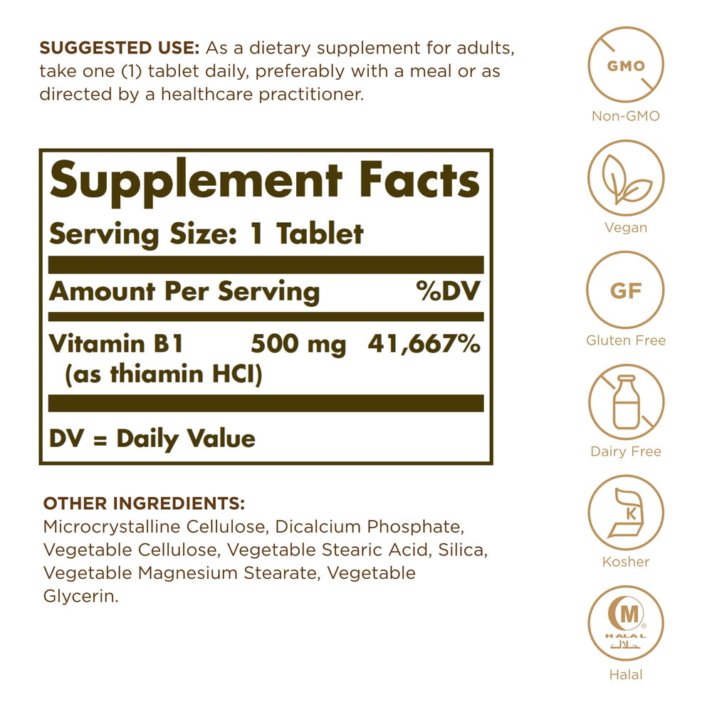 Close-up of Solgar B1 Thiamin tablets featuring 500 mg potency for daily energy.