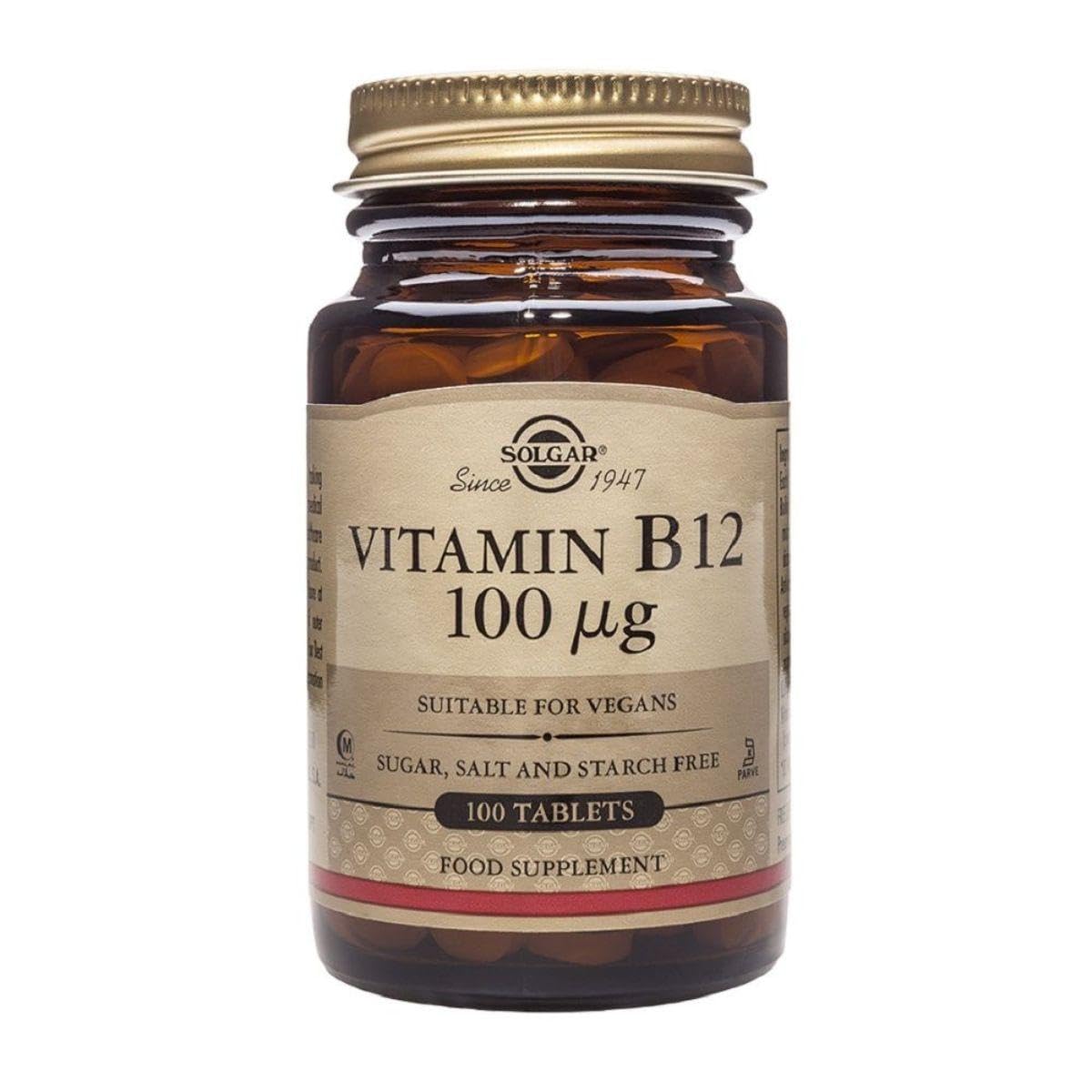 Solgar Vitamin B12 100ug bottle close-up showing label and energy support.