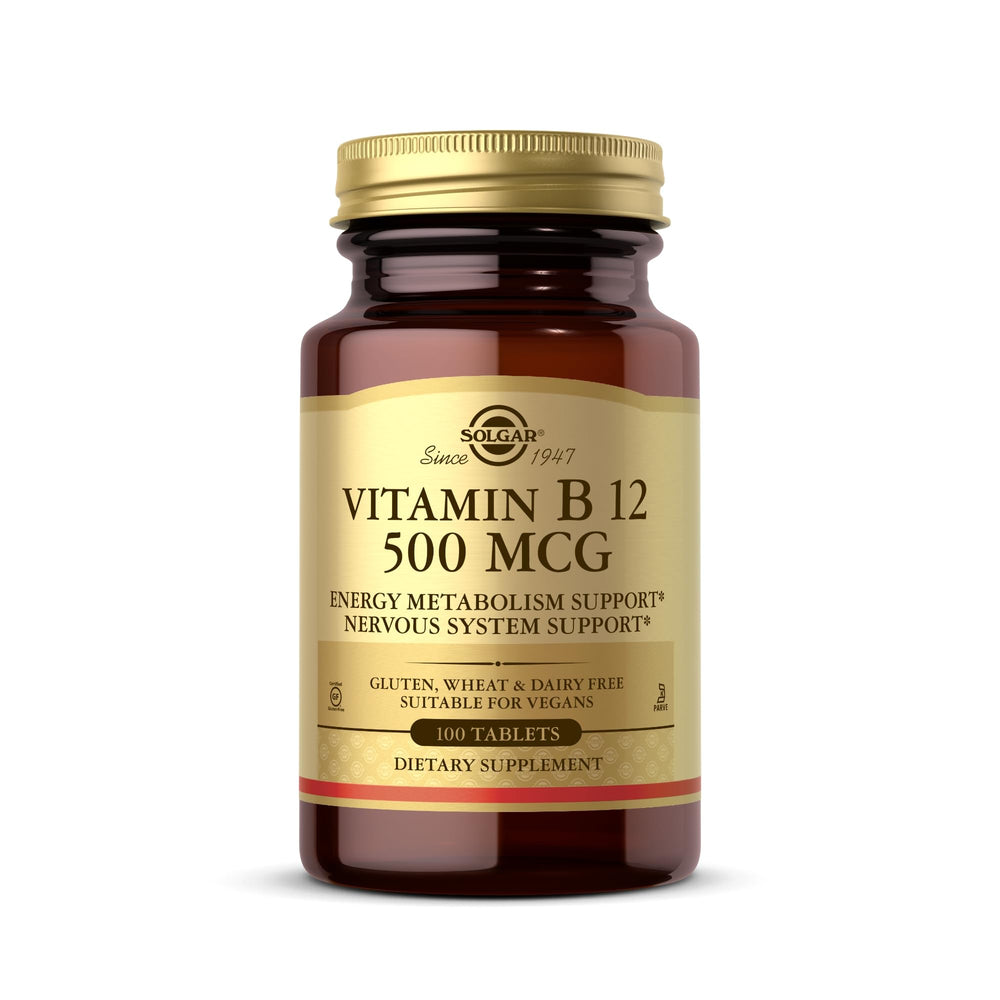 Solgar Vitamin B-12 500mcg bottle front view for daily supplementation.