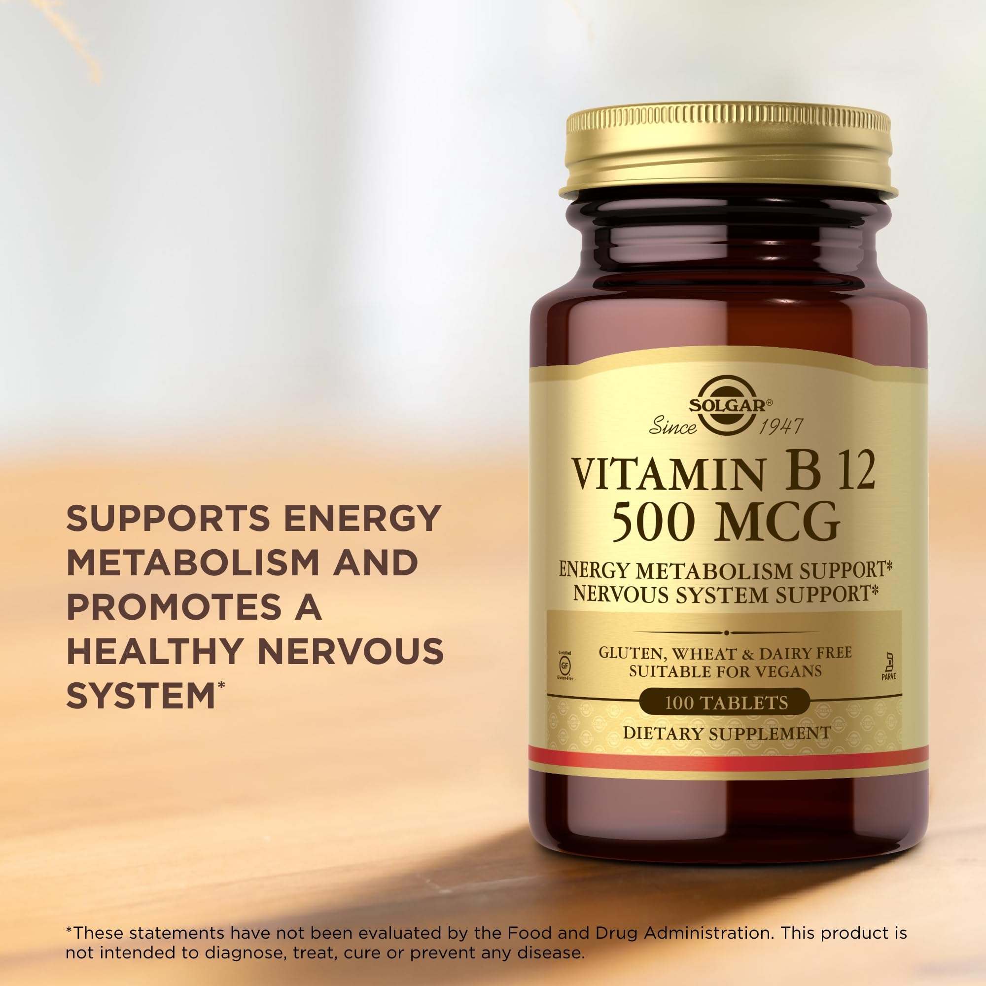 Solgar Vitamin B-12 500mcg bottle back label with usage notes.