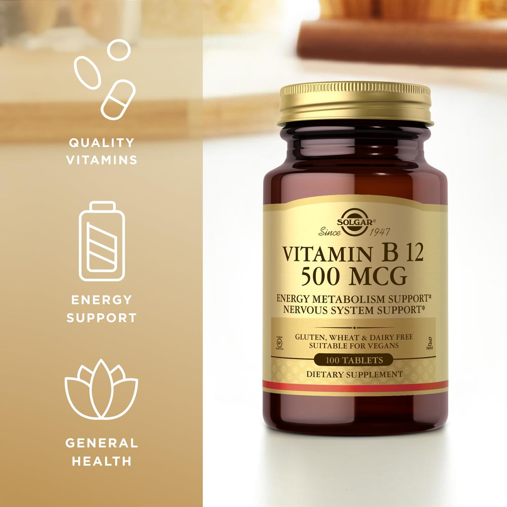 Solgar Vitamin B-12 500mcg bottle cap close-up, travel-friendly packaging.