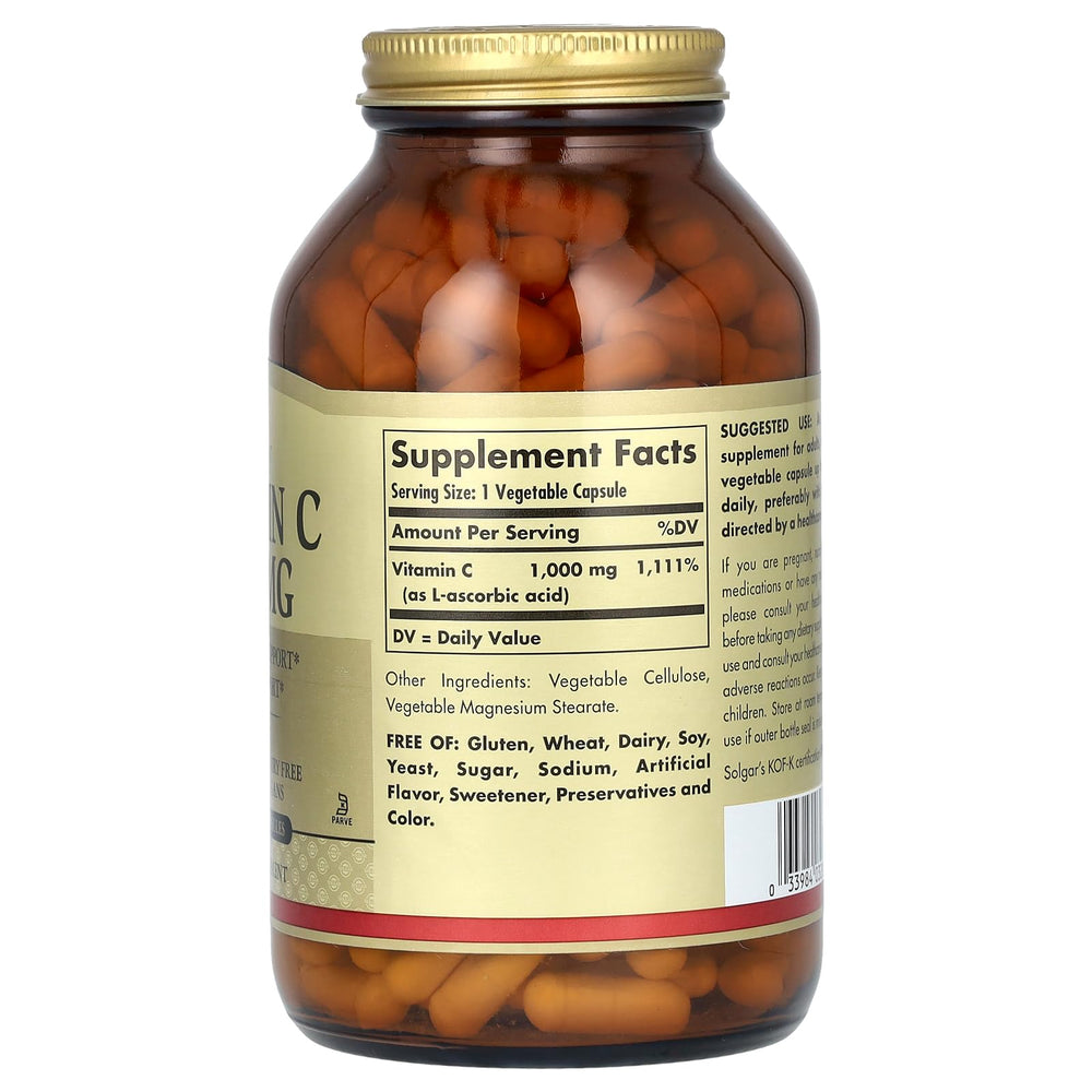 Solgar Vitamin C 1000 mg bottle on shelf highlighting non-GMO and gluten-free formula