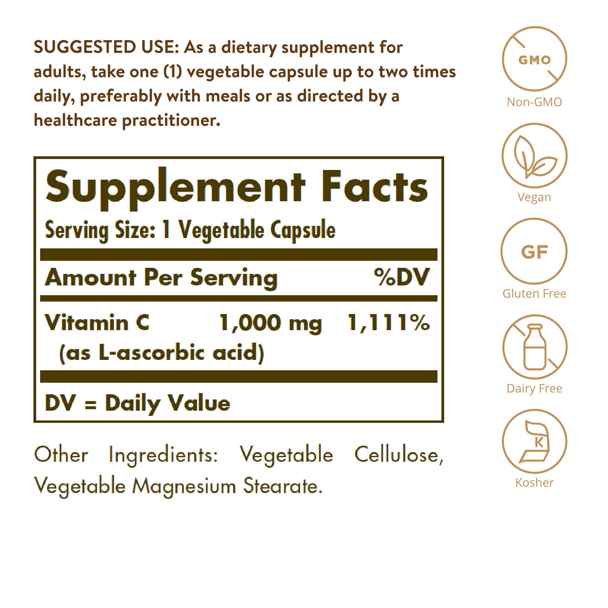 Solgar Vitamin C 1000 mg vegetable capsules in bottle for vegan nutrition